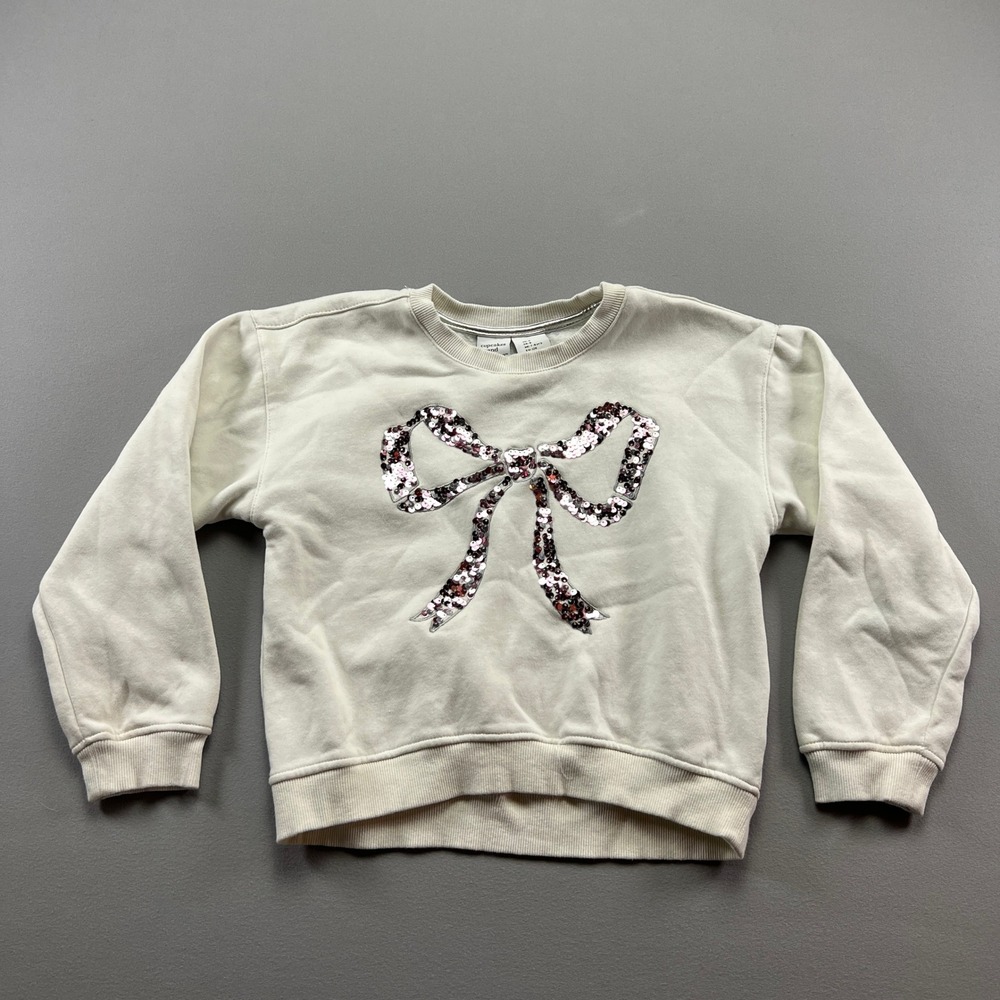 Cupcakes And Cashmere Sweatshirt Girls 8 Beige Sequin Bow Cotton Fleece Lined